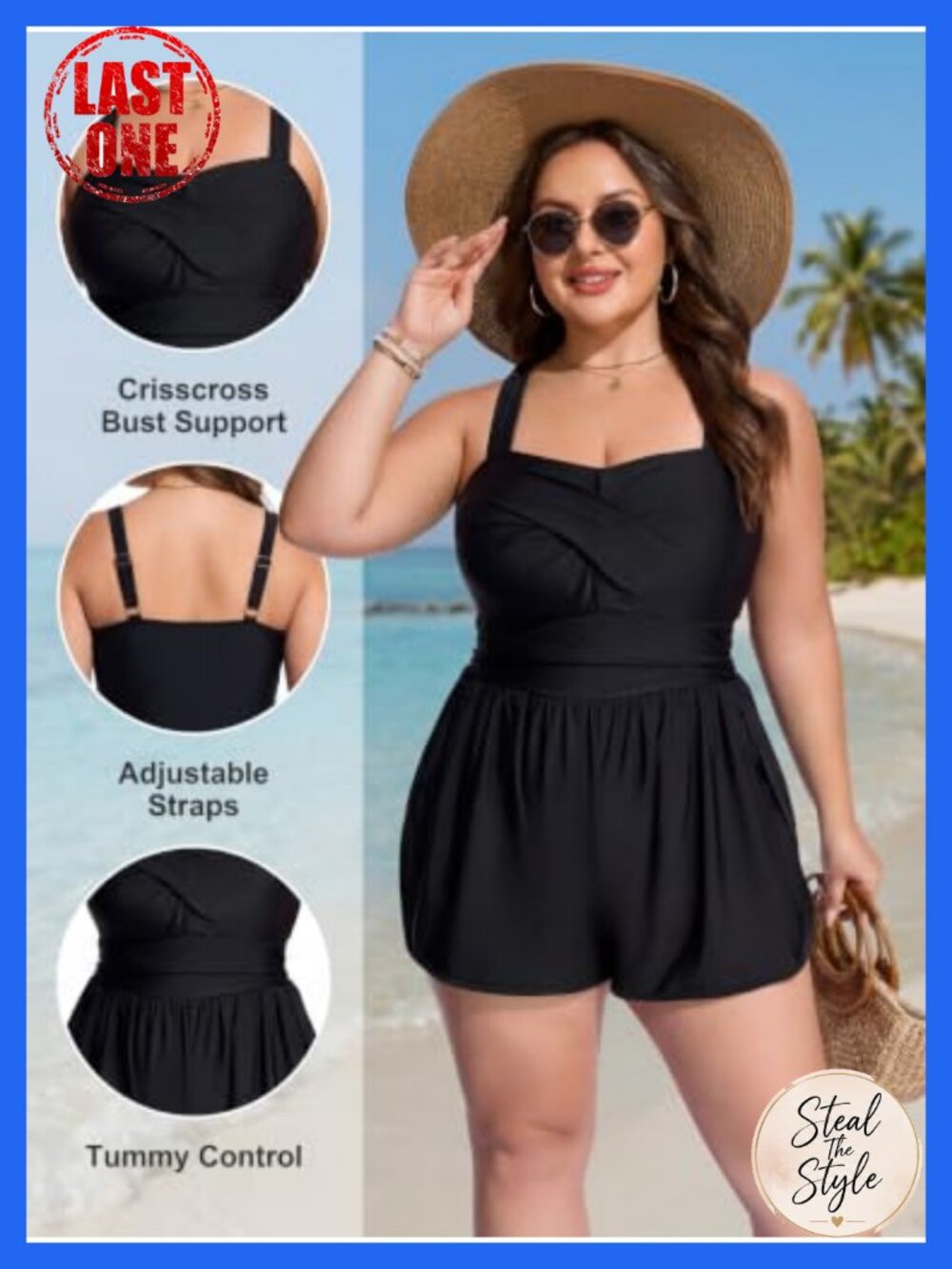 Plus Size One Piece Swimsuit Tummy Control Modest Bathing Suit Romper with - Picture 4 of 5
